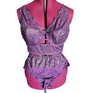 Cacique Purple Lace Bra & Matching High-Waisted Panty Set (Size 40DD)